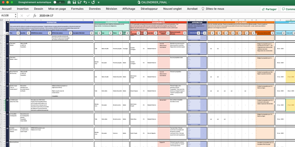 Capture d'écran d'un tableur Excel faisant état des différents contenus d'Une heure au Musée.