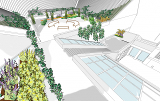 Croquis 3D du plan d'aménagement des toits du Musée, montrant des aménagements faits au fil des ans qui seront graduellement envahis de végétation.